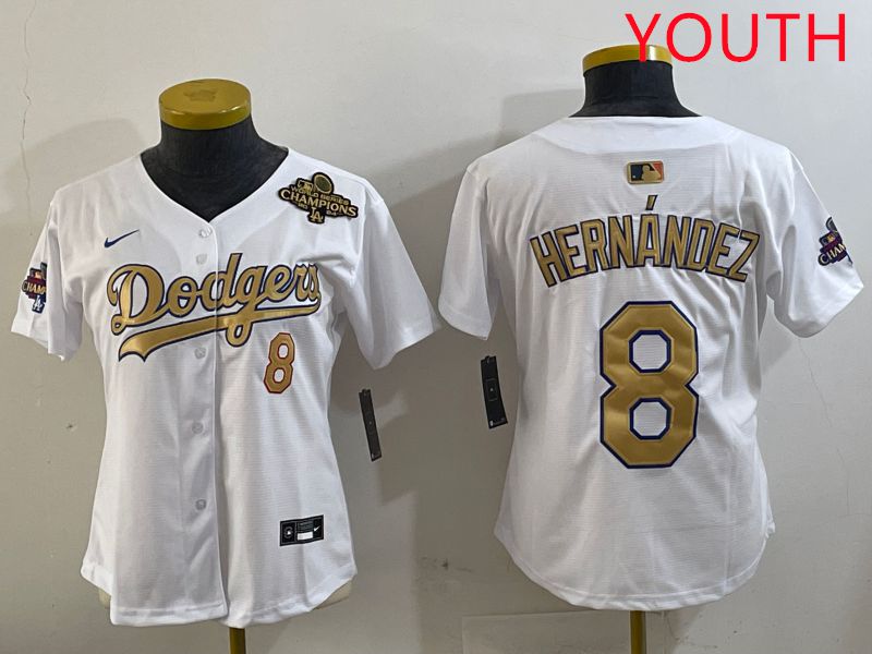 Youth Los Angeles Dodgers #8 Hernandez White Gold Game Nike 2025 MLB Jersey style 4291